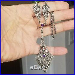 Art Deco Huge Sterling Silver 925 Mesh Chain Amethyst Marcasite Necklace
