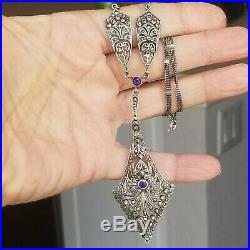 Art Deco Huge Sterling Silver 925 Mesh Chain Amethyst Marcasite Necklace