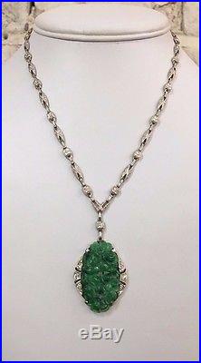 Art Deco Iridium Plated Jade and Diamond Necklace