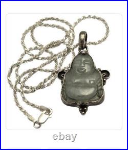 Art Deco Jade Fat Smiling Buddha Pendant Sterling Silver Necklace