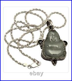 Art Deco Jade Fat Smiling Buddha Pendant Sterling Silver Necklace