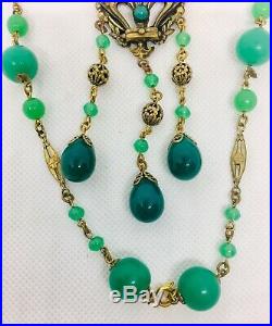 Art Deco Jade Glass Necklace Large Ornate Gilt Metal Dangles Vintage Jewelry
