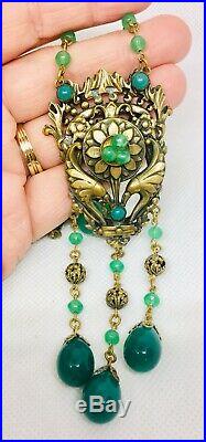 Art Deco Jade Glass Necklace Large Ornate Gilt Metal Dangles Vintage Jewelry