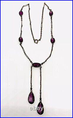 Art Deco Jewel Tone Amethyst Glass Negligee Dangle Necklace Vintage Jewelry