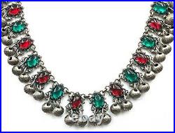 Art Deco Jeweled Link NecklaceRed Green CabochonsDangling BallsHoliday