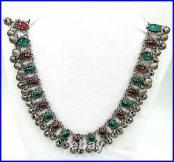 Art Deco Jeweled Link NecklaceRed Green CabochonsDangling BallsHoliday