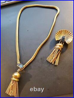 Art Deco Kreisler Sapphire Rhinestone Lariat Tassel Necklace & Brooch
