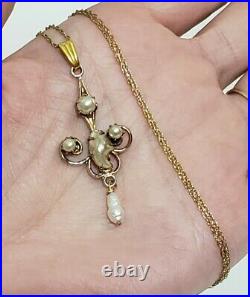 Art Deco Large 14K Gold Filled Filigree Seed Pearl Lavaliere Necklace