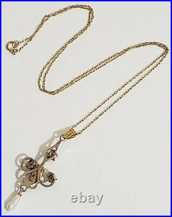 Art Deco Large 14K Gold Filled Filigree Seed Pearl Lavaliere Necklace