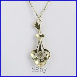Art Deco Lavaliere Pendant Necklace 14k Gold Diamond & Seed Pearls. 10ct
