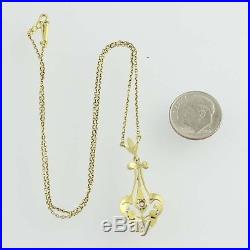 Art Deco Lavaliere Pendant Necklace 14k Gold Diamond & Seed Pearls. 10ct