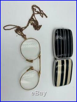 Art Deco Lorgnette Eye Glasses Necklace Enamel Case 12K GF Rare
