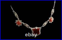 Art Deco Marcasite Necklace Silver Choker Carnelian Antique Collar Women's Gift
