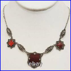 Art Deco Marcasite Necklace Silver Choker Carnelian Antique Collar Women's Gift