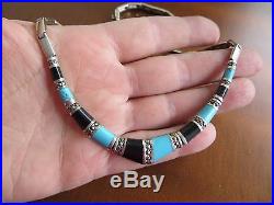 Art Deco Marcasite Turquoise/Onyx Inlay Sterling Silver Choker Necklace 15.25
