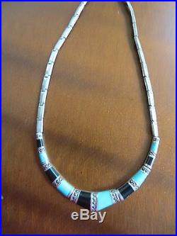 Art Deco Marcasite Turquoise/Onyx Inlay Sterling Silver Choker Necklace 15.25