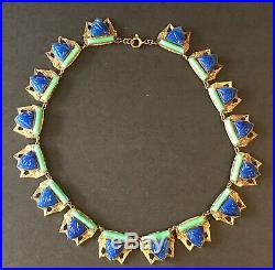 Art Deco Max NEIGER BROS. CZECH Green & Blue Glass Patterned Brass NECKLACE