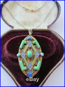 Art Deco Max Neiger Enamel Peking Glass Jade Lapis Filigree Pendant Necklace