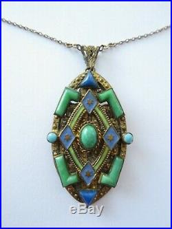 Art Deco Max Neiger Enamel Peking Glass Jade Lapis Filigree Pendant Necklace