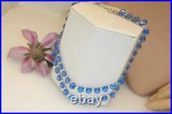Art Deco Medium Blue Bezel Set Open Back Crystal Glass Double Strand Necklace