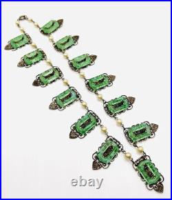 Art Deco Molded Green Glass Loops Necklace Faux Pearls Vintage Antique Jewelry