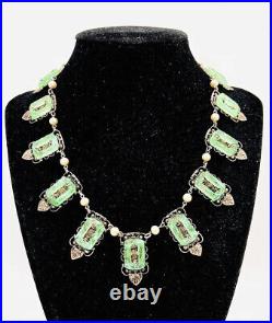 Art Deco Molded Green Glass Loops Necklace Faux Pearls Vintage Antique Jewelry