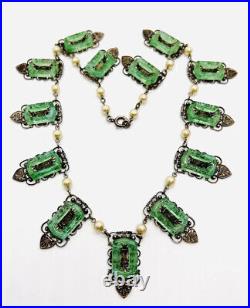 Art Deco Molded Green Glass Loops Necklace Faux Pearls Vintage Antique Jewelry