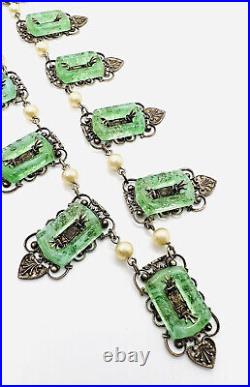 Art Deco Molded Green Glass Loops Necklace Faux Pearls Vintage Antique Jewelry