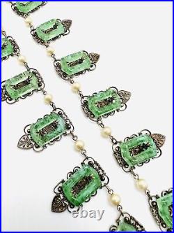 Art Deco Molded Green Glass Loops Necklace Faux Pearls Vintage Antique Jewelry