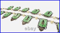 Art Deco Molded Green Glass Loops Necklace Faux Pearls Vintage Antique Jewelry