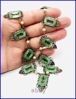 Art Deco Molded Green Glass Loops Necklace Faux Pearls Vintage Antique Jewelry