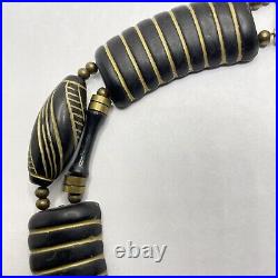 Art Deco Mourning Necklace Black Gold Carved Celluloid Brass Collar Necklace