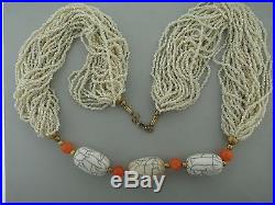 Art Deco Multi Strand Lucite Banded Stone & Peach Resin Beads Necklace 220gr