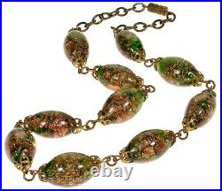 Art Deco Murano Venetian Glass Bead Necklace Green Aventurine Glass C. 1920