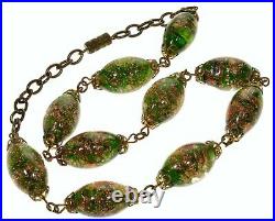 Art Deco Murano Venetian Glass Bead Necklace Green Aventurine Glass C. 1920