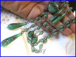 Art Deco Murano Venetian Millefiori Green Glass Bead Tassel Necklace 27 61g-de