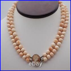 Art Deco Natural 7mm Coral Knotted 15 2 Strand Silver Tone Cameo Clasp Necklace