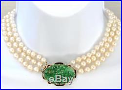 Art Deco Natural Jadeite Jade 14K Gold Enamel Pendant & Akoya Pearl Necklace