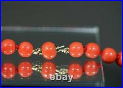 Art Deco Natural Mediterranean Red Coral Beads 13mm Necklace 14k Gold Clasp 60gr