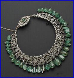 Art Deco Natural Uncut Diamond Polki Emerald Beads Victorian Necklace Jewelry