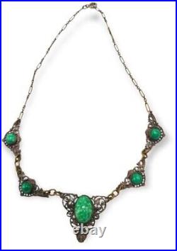 Art Deco Necklace Czech Green Peking Glass Brass