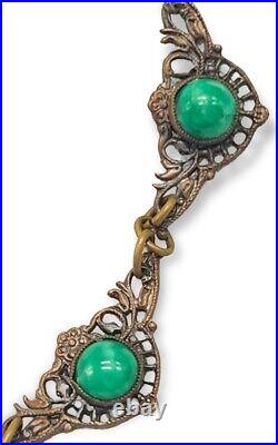 Art Deco Necklace Czech Green Peking Glass Brass