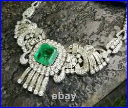 Art Deco Necklace Green Emerald Cut White Gold Plated Vintage Handmade Jewel
