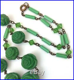 Art Deco Necklace Molded Green Glass Rose Bead Vintage Costume Jewelry