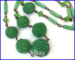 Art Deco Necklace Molded Green Glass Rose Bead Vintage Costume Jewelry