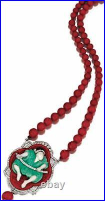 Art Deco Necklace Samourai 925 Sterling Silver Red Beaded Solid Geometric Design