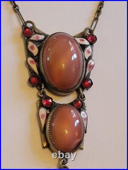 Art Deco (Neiger)Pink Czech Glass Enamel Pendant Paperclip Necklace