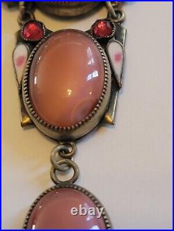 Art Deco (Neiger)Pink Czech Glass Enamel Pendant Paperclip Necklace