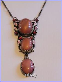 Art Deco (Neiger)Pink Czech Glass Enamel Pendant Paperclip Necklace