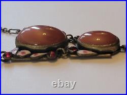 Art Deco (Neiger)Pink Czech Glass Enamel Pendant Paperclip Necklace